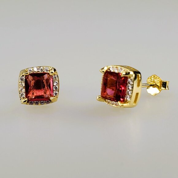 14K Gold Mens Square 2ct Red Ruby Gemstone 1ct Diamond Stud Earrings Jewelry NEW - Picture 4 of 7